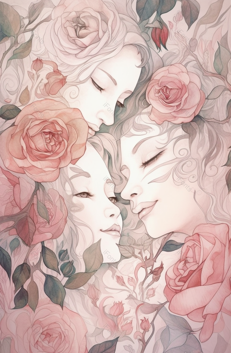 花丛三个女子头像手绘场景,插画/手绘图,插画/手绘图库,插画/手绘图下载,插画/手绘